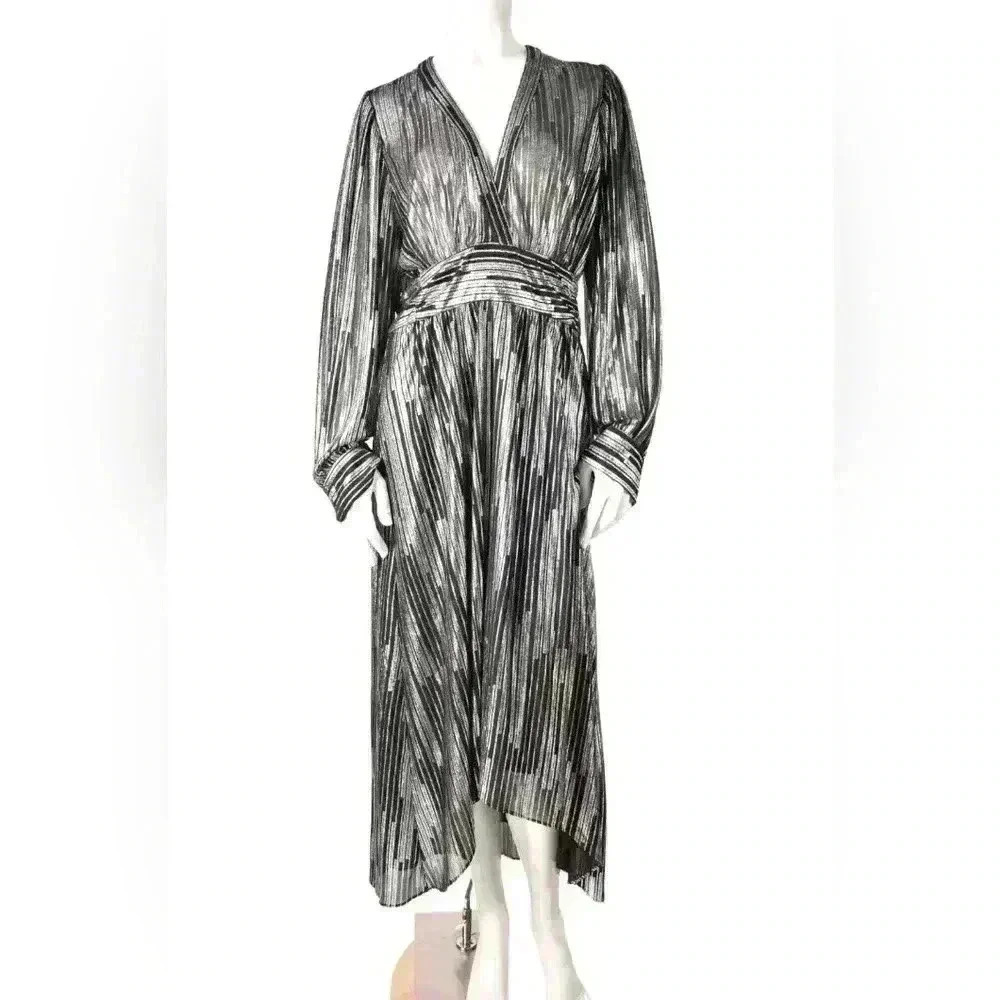NWT IRO Silver Black Flowy Eureka Poly Long Sleeve Sparkle Plunge Dress 40EU 8US